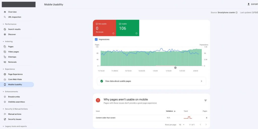 mobile usability tab in google search console